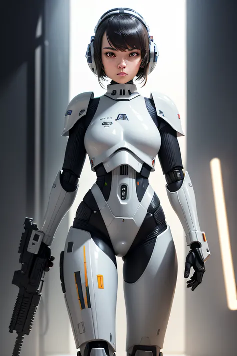 A female combat robot designed to imitate it&#39;He wears armor like a Stormtrooper from Star Wars..　Holding a gun in both hands, nffsw, retinas, masutepiece, ccurate, Anatomically correct, Textured skin, Super Detail, high details, High quality, awardwinn...