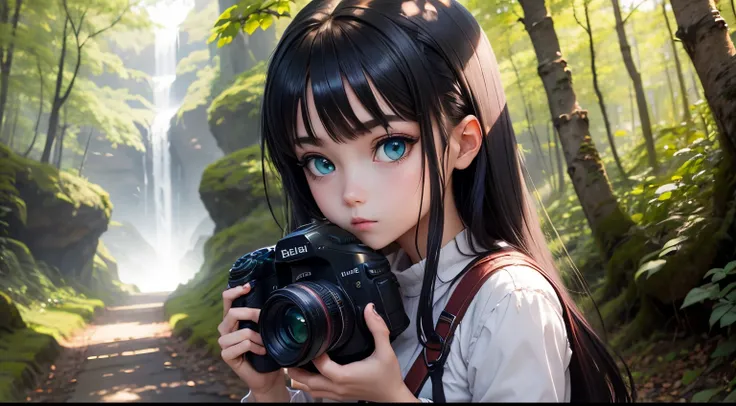 Anime Girl blue-green eyes, dark hair and camera in a Photography Expeditions