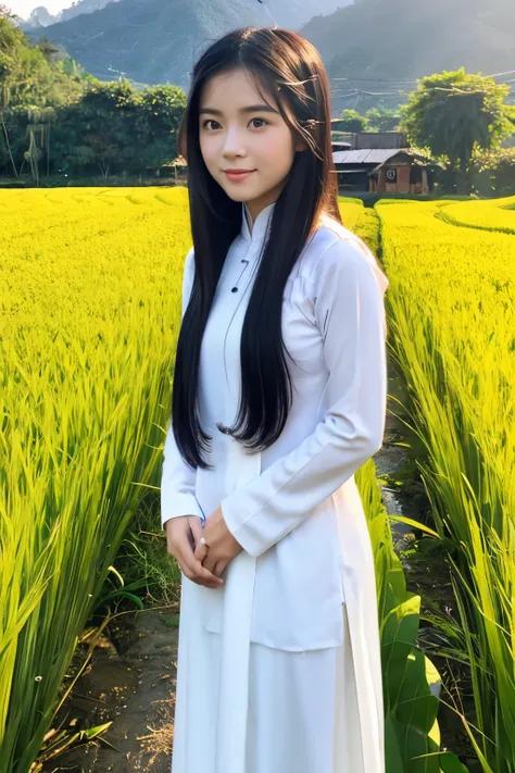 Create a picture of a Vietnamese girl wearing ao dai. She should have long, black and straight hair, neatly combed. She should have big, dark, sparkling eyes. She should have white and smooth skin. She should be standing in a picturesque Vietnamese setting...