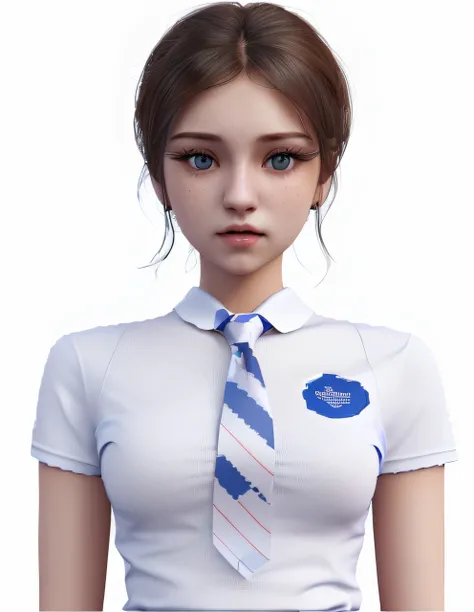 masterpiece, best quality, one girl, student blue shirt outfit and checkered tie , game cg, detailed, white background