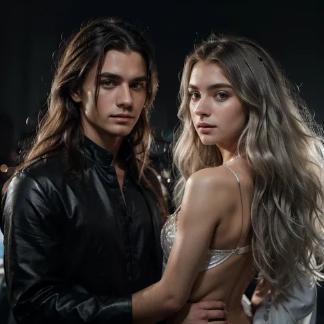 Masterpiece, Superb Fashion, (Fashion Costume), (Illustration), (2 People), Handsome Young Couple, (Russian Mill Style), Fashion, Silver Hair, (Long Hair), (Messy Hair), (White Skin), (Dark Circles), Handsome, Dance Steps, Trend, Dark Gray,, Close Up, (Gra...