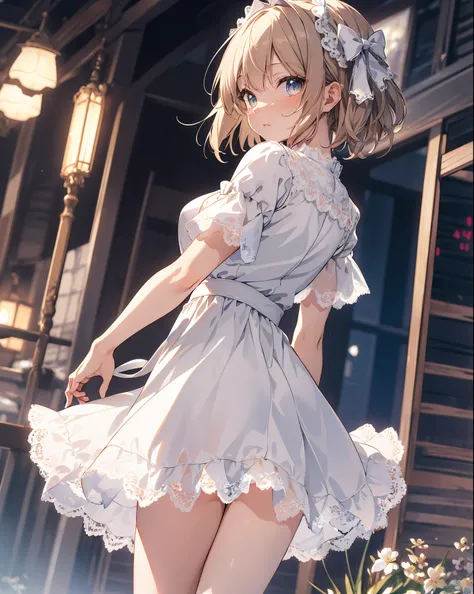 (masterpiece:1.2), best quality, highres, original, (extremely detailed:1.2), ultra-detailed, wallpaper, perfect lighting,(extremely detailed CG:1.2), 8k, anime illustration, HD, 1girl, solo, cute style outfit, short hair, (white dress, knee-length dress, ...