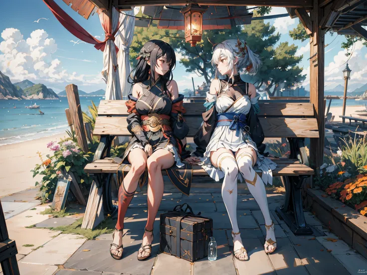 Anime characters sitting on benches by the sea, guweiz on pixiv artstation, guweiz on artstation pixiv, Guweiz style artwork, Popular topics on artstation pixiv, guweiz, WLOP and Sakimichan, krenz cushart and wenjun lin, Anime style 4k, from the night of t...