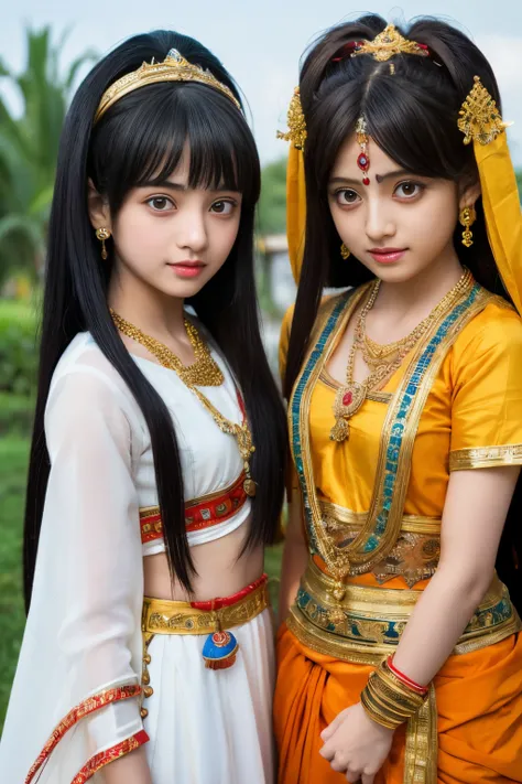 two girls anime who are a devotee of krishna,The proportions are the same for all races, All faces and pictures must be different, ulzzang -6500-v1.1, (Raw photo:1.2), (Photorealsitic), Beautiful detailed, (Real: 1.4), extremely detailed eye and face, beat...