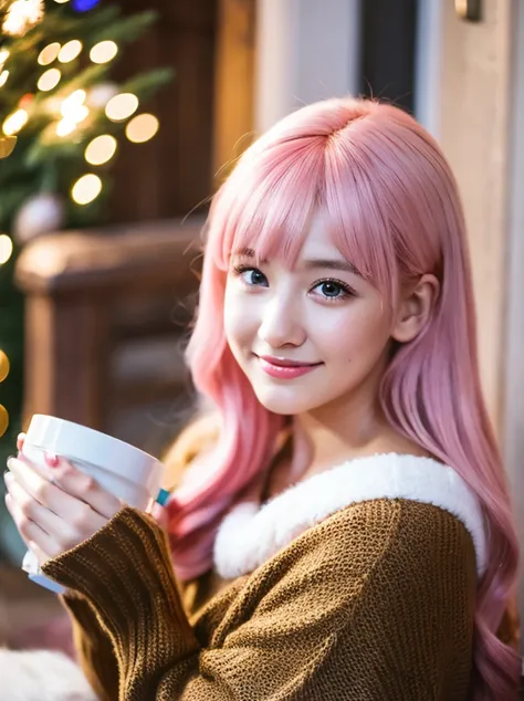 gamer girl, vibrant pink hair, long hair, christmas, hot chocolate