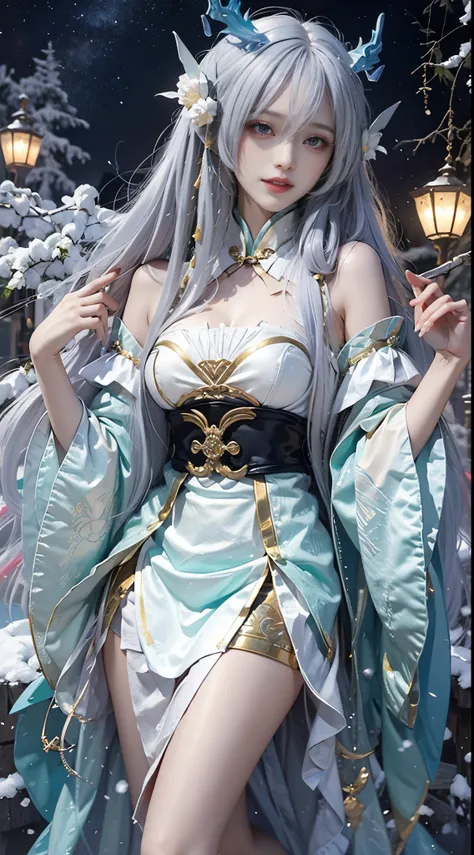 Beautiful celestial mage，Amazing young ethereal characters，shaxi，A flowing magic robe，white hanfu，xianxia fantasy，berdefen，Ethereal fantasy，elegant and charming ，one-girl，((are standing))，Feminine and colorful，Very noisy，Hands relax naturally，nighttime sce...