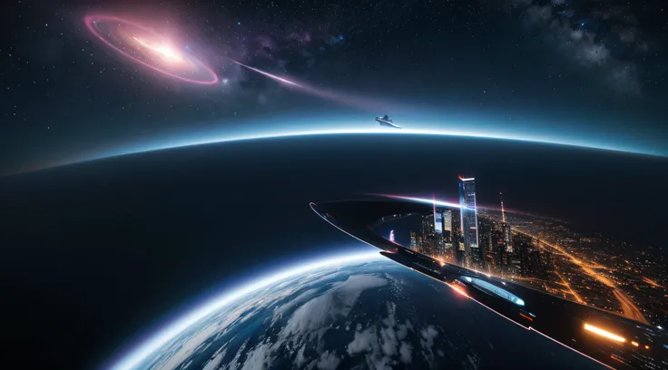 hyper realisitc　best view future city，Photoquality，Extremely high level of detail，There is a spaceship floating in the sky，Colors come in many colors，4k HD Sony 3.0 in the arctic，A space battleship was teleported through a wormhole and fell from the sky.，a...