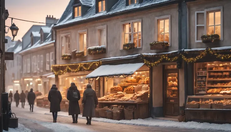 Breathtaking cinematic photo of a real Hyperrealistic christmas landscape photo of a village covered with snow in the ethereal mist at daytime,((snow is falling)), ((Christmas street vendors)), (((people walking on the street))), (((bakery, confectionery, ...