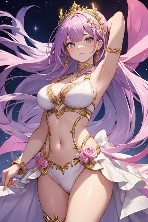 female dancer is glubbed her breast by a man standing behind her, she is wearing a flowing garment and garland on her head, perfect body, slim curve, medium large breast, sparkly accessories, jwelries, her outfit is all light pink and light purple