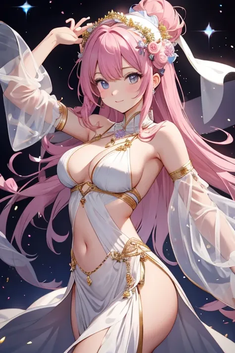 female dancer is glubbed her breast by a man standing behind her, she is wearing a flowing garment and garland on her head, perfect body, slim curve, medium large breast, sparkly accessories, jwelries, her outfit is all light pink and light purple