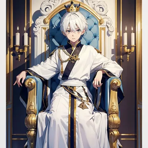 1boy white hair, crown, whole body, sitting on throne