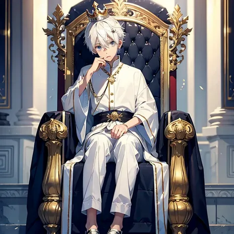 1boy white hair, crown, whole body, sitting on throne