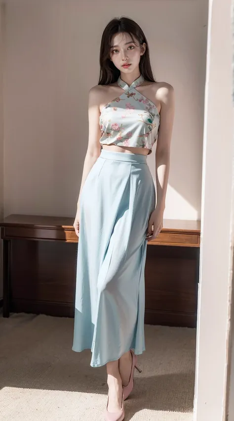 cropped shoulders，A woman in oriental clothing stands in a room with decorations,long  skirt,Full body photo，in a panoramic view， light sky blue and pink style, Cute and dreamy,light beige and, retro academia, elegant white outfit, white and emerald green,...