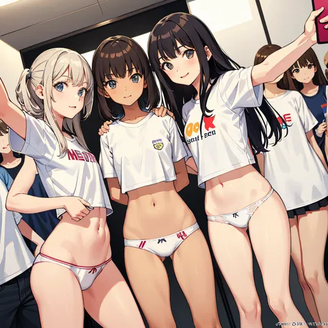 (masterpeace, high quality), multiple girls, petite, 14yo schoolgirls, slim, flat chest, gym locker room, (white panties), white t-shirt, (group selfie), wide angle, soft light