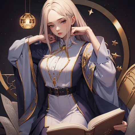 occult researcher，20-year-old female，head portrait，Reading books to learn about the occult，The beautiful，full of vitality，Dress without revealing，Just，Sitting，Study seriously，solo person