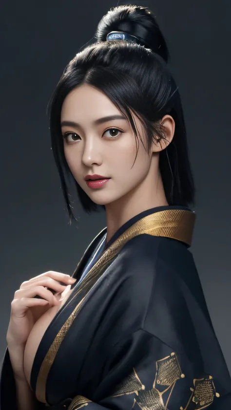 (Best Quality, masutepiece, Perfect face, detailed simmetric eyes), Dark blue hair, 20 year old European girl, Flirting smile in POV, In traditional gold of Japan&Black kimono, (Sexy Pose :1.2) Very detailed kimono texture, High contrast, (Natural Skin Tex...