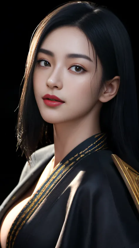 (Best Quality, masutepiece, Perfect face, detailed simmetric eyes), Dark blue hair, 20 year old European girl, Flirting smile in POV, In traditional gold of Japan&Black kimono, (Sexy Pose :1.2) Very detailed texture of the kimono, High contrast, (Natural S...