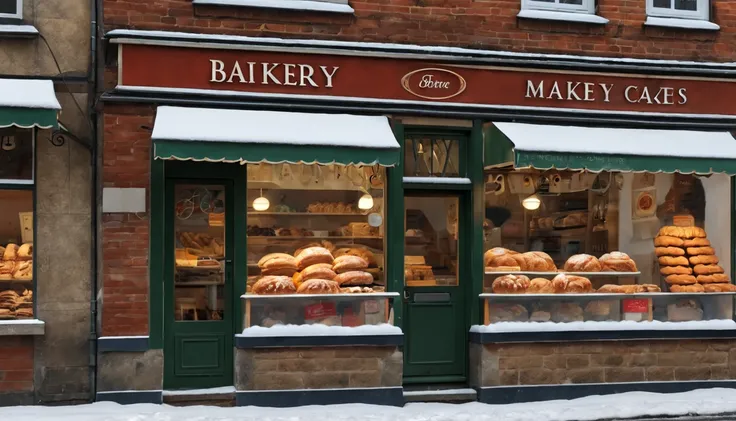 Breathtaking cinematic photo of a real Hyperrealistic christmas ((close-up photo)) of a (((the window of a bakery with a variety of Christmas cakes with pastries))),((view from the street)), street vendors village covered with snow at daytime,((snow is fal...