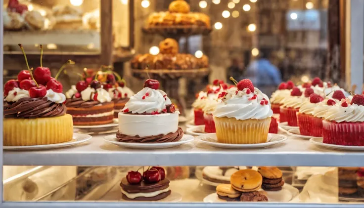 Breathtaking cinematic photo of a real Hyperrealistic ((close-up photo)) of a (((in the window of a pastry shop, a variety of colorful cakes, cream cups and cookies, chocolate, punch, vanilla, cherries, cherries, raspberries, whipped cream, chocolate shavi...