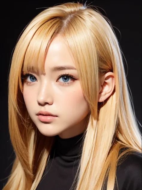 Anime, Face, Blonde hair, Black eyes, Long hair, Black background, facial close-up、​masterpiece、top-quality、ultra-definition、hight resolution