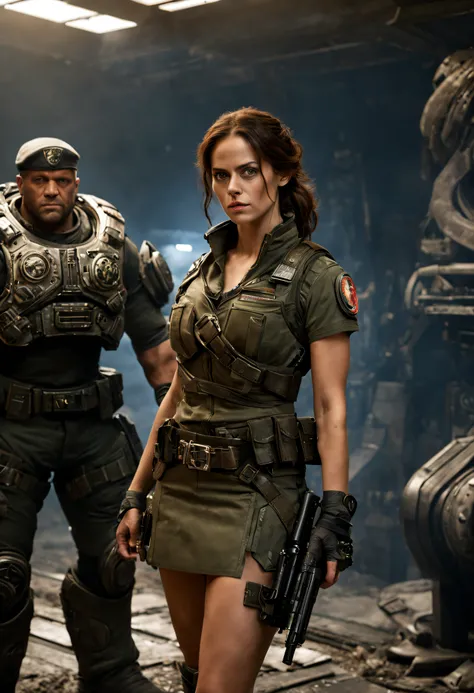 hembra alienigena espectacular (mezcla de naytiri y kaya scoledario), con uniforme militar estilo gears of war, con minifaldas,(se encuentra en centro de control de estacion espacial),estilo cinematografico,nitidez maxima,imagen 8k.