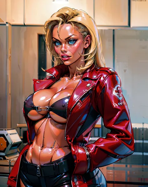 medium shot, torso shot, focus on breasts, perfect face, Pamela Anderson in a red leather jacket posing for a picture,