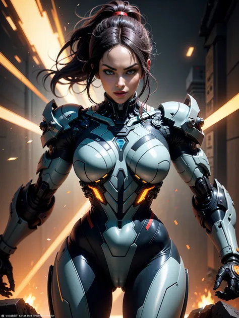 Cinematic, hyper-detailed, and insanely detailed, this artwork captures the essence of megan fox with breathtaking beauty. The color grading is beautifully done, enhancing the overall cinematic feel. Unreal Engine brings her anatomic cybernetic muscle suit...