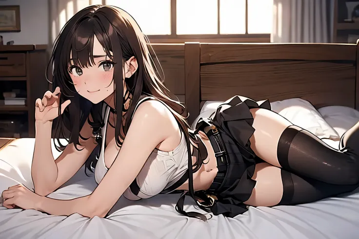 Brown hair、watching at viewers　　　black suspenders　　　Bulging big breasts　　 　 　　　walls: 　Black miniskirt　garters　　　　　　Gaze　　　Small face　bangss 　　　holster　　　Beautuful Women　　hands up　　Leg holster lying on the bed　　Gaze 　black boots panty shot　provocation　flan...