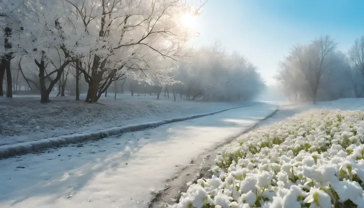 Winter morning，The ground is covered with snow,Yuki,On a side road,Word art,There are a few branches on the ground,Frost flowers,There was a little fog on the ground,Close-up shot,background is real,(bright:1.5),(warmly lit,rays of sunshine,movie light eff...