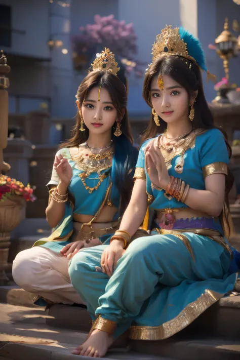 two girls anime who are a devotee of krishna,the proportions are the same for all races, all faces and pictures must be differen...