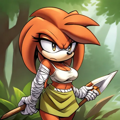 Female, Mobian, Echidna, (solo), (1girl), beige sarong skirt, white top, average size breasts, hair/quills tied up, red fur, serious, holding spear, bandages around hands, forest background, blank expression, facing viewer