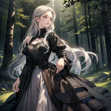 Masterpiece, high quality, best quality, HD, realistic, perfect lighting, detailed body, 1 woman, perfect eyes, long hair, Gray Hair, glowing, black gown dress, forest background.