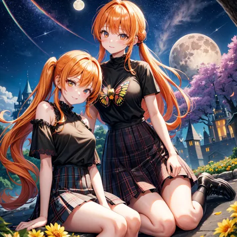 Orange hair、poneyTail、verd s eyes、one good looking girl、独奏、animesque、lightly dressed、Plaid miniskirt、a black T-shirt、fullmoon、Meteor swarm、large tree、Glittering starry sky、rainbow butterfly flying、Colorful marbles、sitting on、golden castle、flower petals