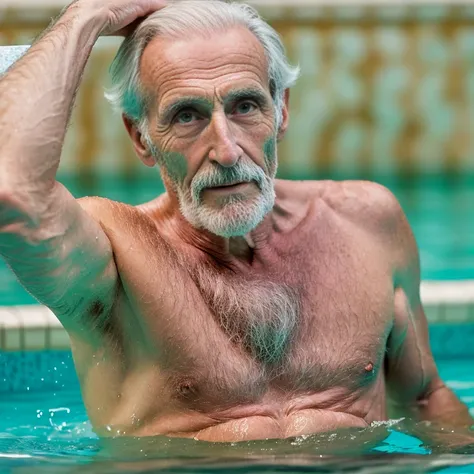 john glover, an elder with a long beard and white hair, with a serene face wrinkles, looking producing, body older weak, skinny ...