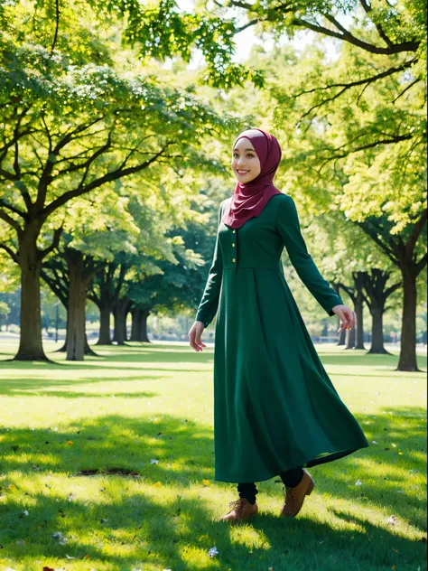 hijab, dress, city park, half body photo