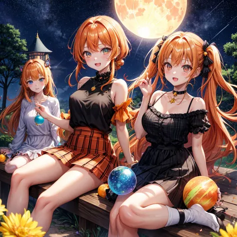 Orange hair、poneyTail、verd s eyes、one good looking girl、独奏、animesque、lightly dressed、Plaid miniskirt、a black T-shirt、fullmoon、Meteor swarm、large tree、Glittering starry sky、rainbow butterfly flying、Colorful marbles、sitting on、golden castle、flower petals