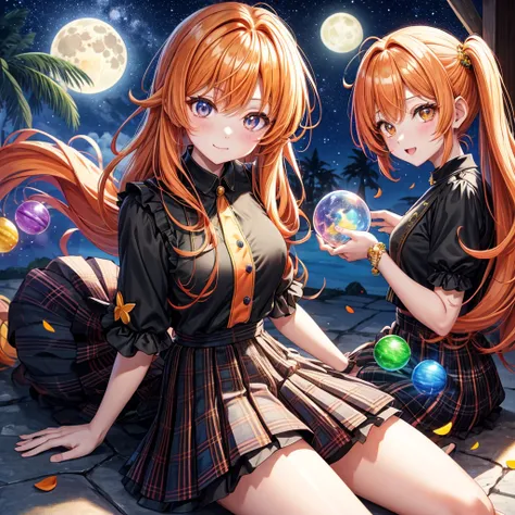 Orange hair、poneyTail、verd s eyes、one good looking girl、独奏、animesque、lightly dressed、Plaid miniskirt、a black T-shirt、fullmoon、Meteor swarm、large tree、Glittering starry sky、rainbow butterfly flying、Colorful marbles、sitting on、golden castle、flower petals