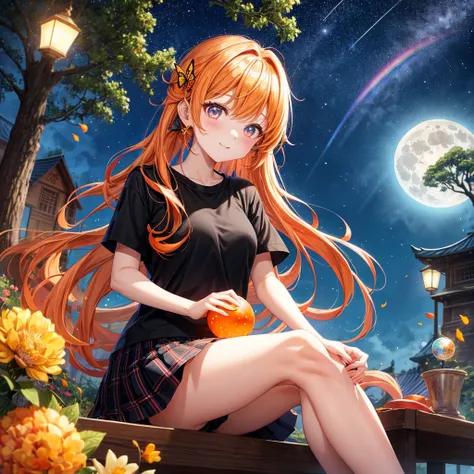 Orange hair、poneyTail、verd s eyes、one good looking girl、独奏、animesque、lightly dressed、Plaid miniskirt、a black T-shirt、fullmoon、Meteor swarm、large tree、Glittering starry sky、rainbow butterfly flying、Colorful marbles、sitting on、golden castle、flower petals、thr...