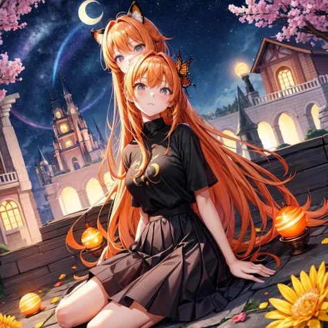 Orange hair、poneyTail、verd s eyes、one good looking girl、独奏、animesque、lightly dressed、Plaid miniskirt、a black T-shirt、fullmoon、Meteor swarm、large tree、Glittering starry sky、rainbow butterfly flying、Colorful marbles、sitting on、golden castle、flower petals、thr...