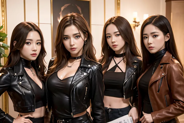 5 member girl band、metal bands、Upper body view、超A high resolution、An ultra-high picture quality、8K、Wonderful expression with attention to detail、All have long brown curly hair、Black leather jacket、Performance scene at a live house