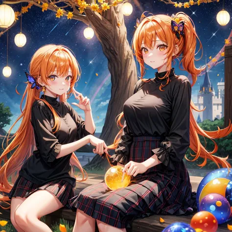 Orange hair、poneyTail、verd s eyes、one good looking girl、独奏、animesque、lightly dressed、Plaid miniskirt、a black T-shirt、fullmoon、Meteor swarm、large tree、Glittering starry sky、rainbow butterfly flying、Colorful marbles、sitting on、golden castle、flower petals、thr...