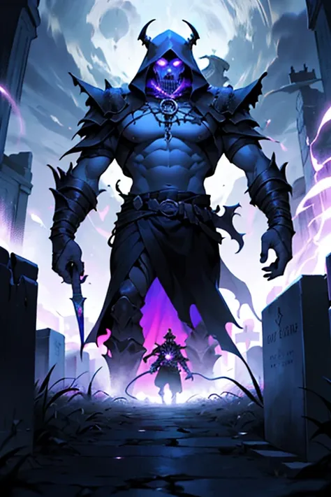 ((a lich from an old warrior)), (wearing the attire of a death knight), color black and red and purple, nether energy swirling around him, ((the backrground is an old graves)),( he is fighting demon), wild a giant whip