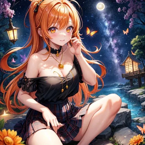 Orange hair、poneyTail、verd s eyes、one good looking girl、独奏、animesque、lightly dressed、Plaid miniskirt、a black T-shirt、fullmoon、Meteor swarm、large tree、Glittering starry sky、rainbow butterfly flying、Colorful marbles、sitting on、golden castle、flower petals、thr...