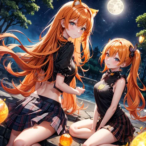 Orange hair、poneyTail、verd s eyes、one good looking girl、独奏、animesque、lightly dressed、Plaid miniskirt、a black T-shirt、fullmoon、Meteor swarm、large tree、Glittering starry sky、rainbow butterfly flying、Colorful marbles、sitting on、golden castle、flower petals、thr...