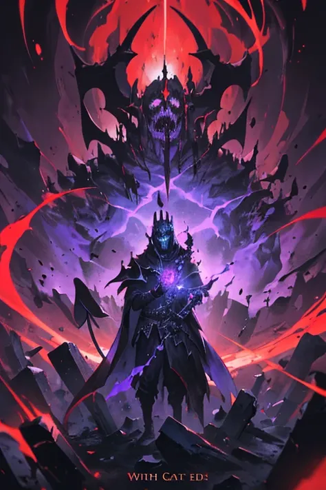 ((a lich from an old warrior)), (wearing the attire of a death knight), color black and red and purple, nether energy swirling around him, ((the backrground is an old graves)),( he is fighting demon), wild a giant whip