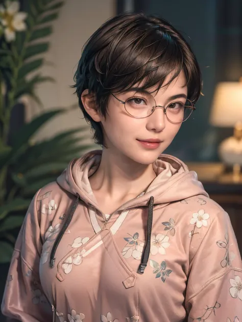 134
(a 20 yo woman,Wearing sportswear), (A hyper-realistic), (high-level image quality), ((beautiful hairstyle 46)), ((short-hair:1.46)), (Gentle smile), (breasted:1.46), (lipsticks), (Wearing glasses:1.46), (darkened room), (florals), (wearing hoodies)