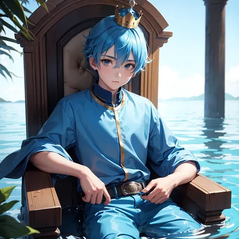 1boy, blue hair, blue shirt, crown, sitting on throne, water element background