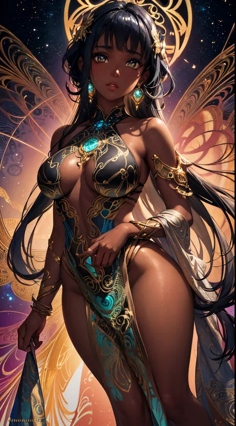 {Celestial hues, lofi, shiny aura, cute, skin girl with dark skin and black hair, big pretty realistic eyes, golden tribal markings} solo ((( perfect dark skintone, perfect flawless face))), highly detailed, holographic glowing motifs, beautifully detailed...