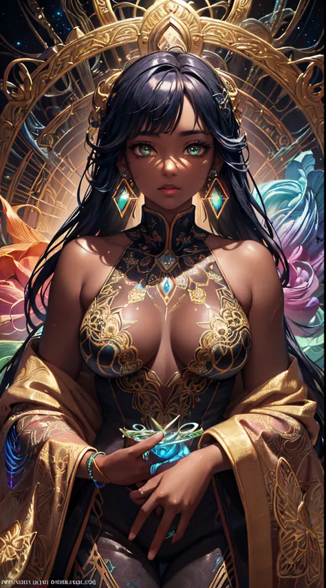 {Celestial hues, lofi, shiny aura, cute, dark skin ebony girl, black hair, big pretty realistic eyes, golden tribal markings} solo ((( perfect dark skintone, perfect flawless face, highly detailed, holographic glowing motifs, beautifully detailed floral or...