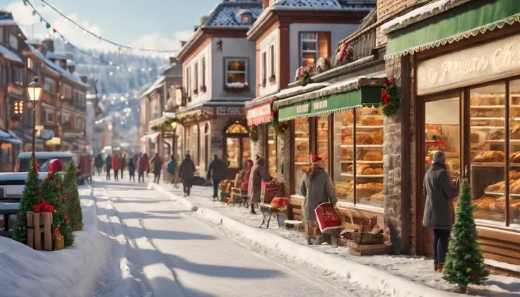 Breathtaking cinematic photo of a real Hyperrealistic christmas landscape photo of a village covered with snow at daytime,((snow is falling)), ((people standing in a long row line in front of the entrance of the pastry shop)), vivid colors, extremely high-...